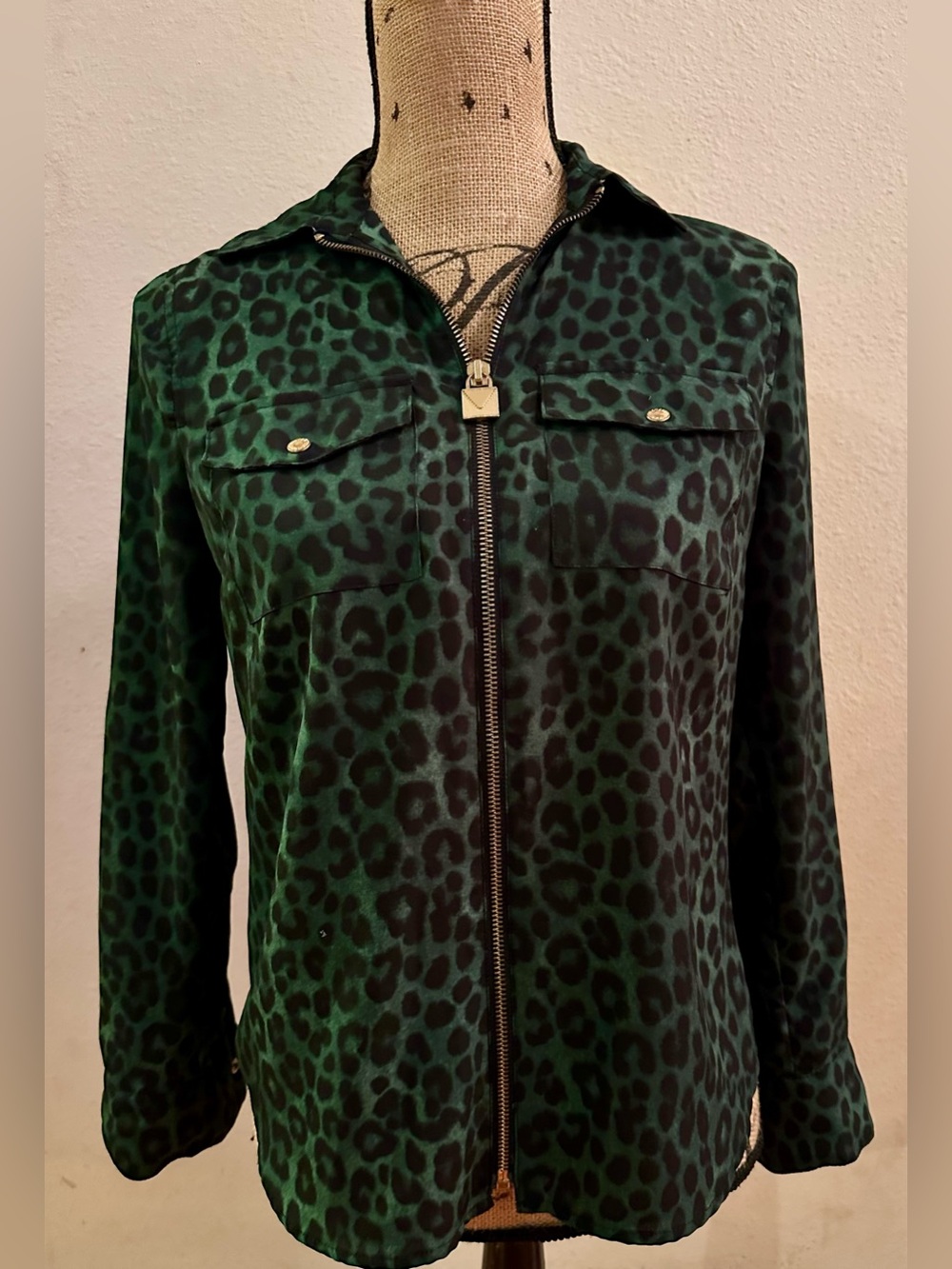 Michael Kors Green Leopard Print Zip Front Utility Shirt Petite Small